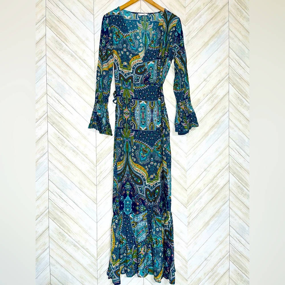 Blue/pink/yellow/white paisley wrap maxi dress.